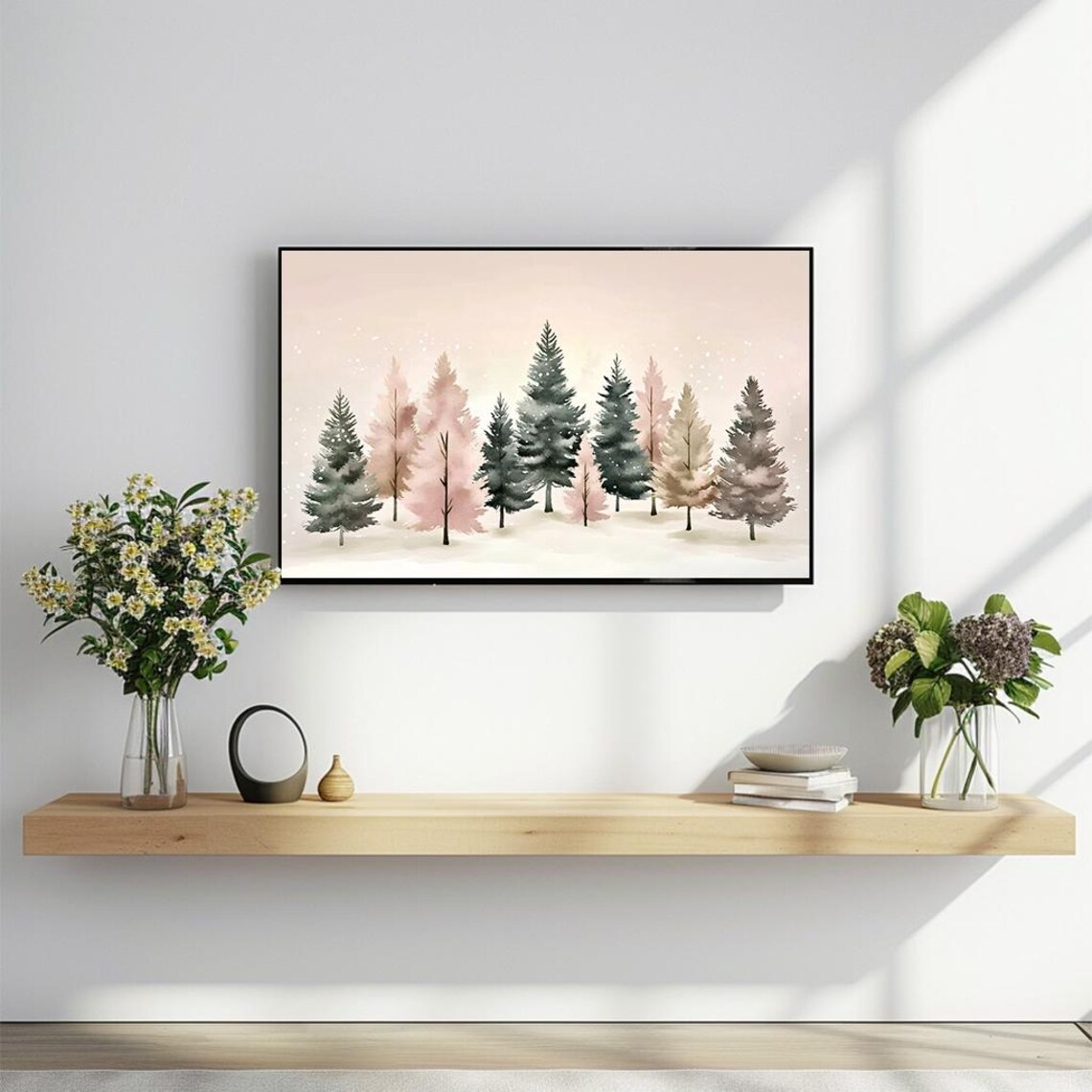 Pastel Pink Green Watercolor Pines Winter Wonderland Art Poster - Image 2