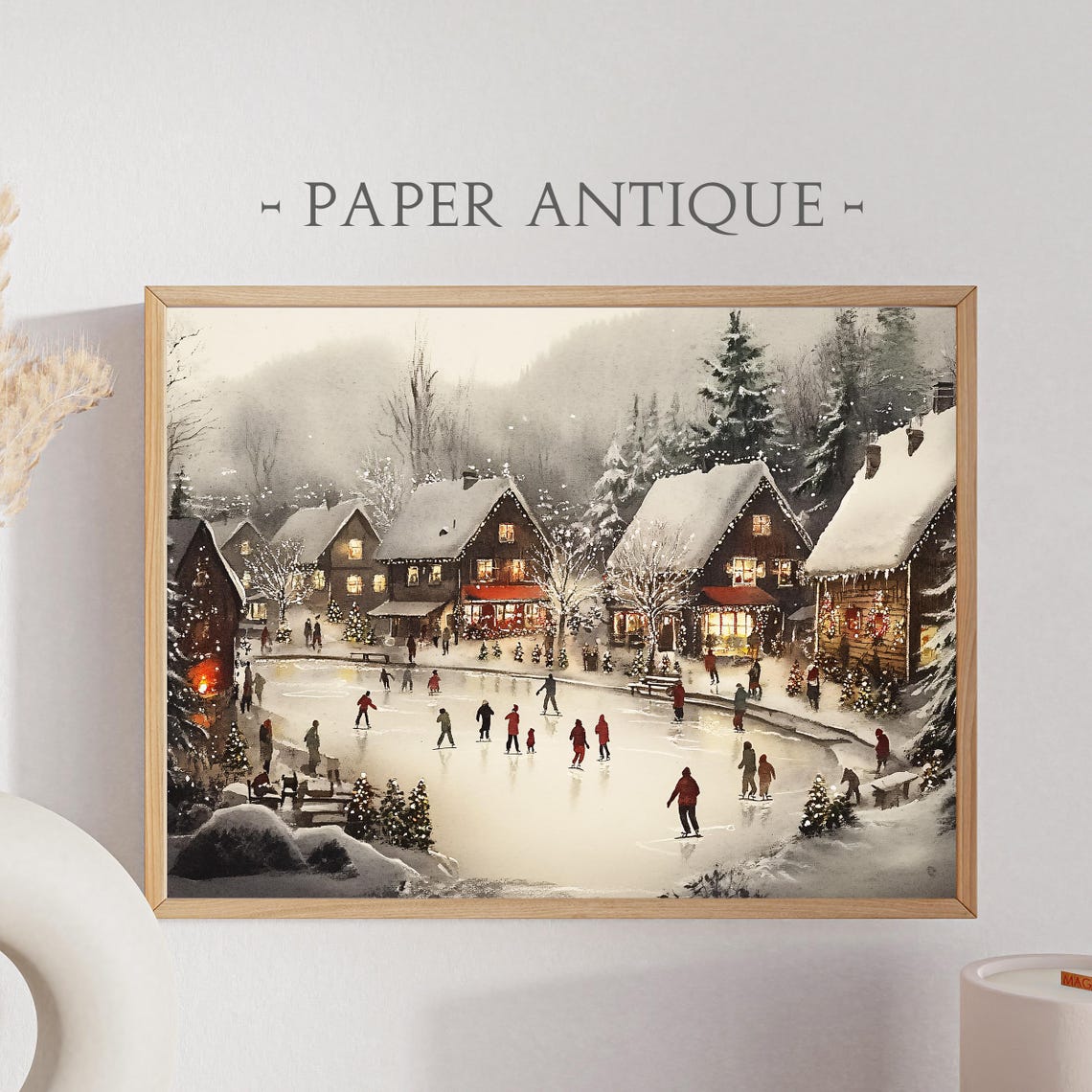 Christmas Village Ice Skating Watercolor Festive Winter Scene Poster