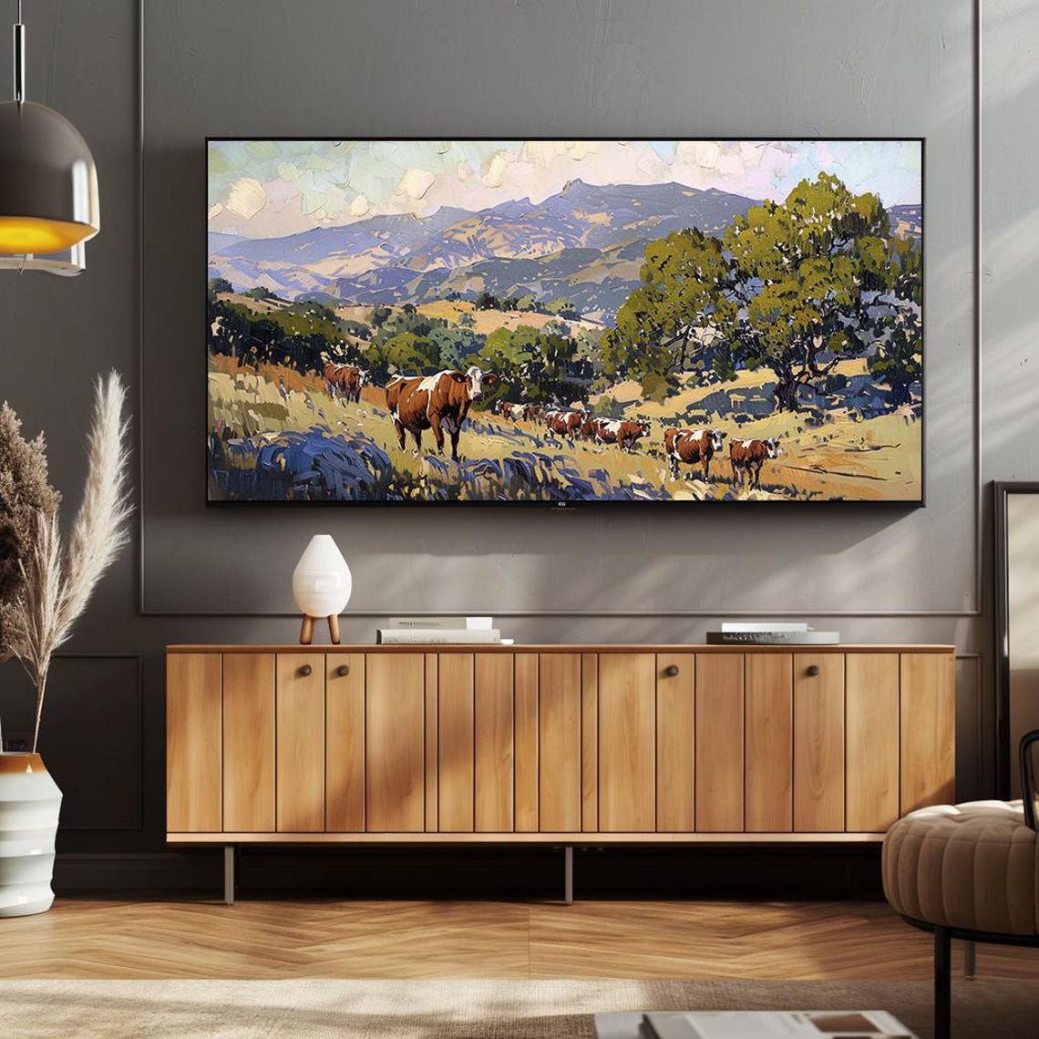 Cattle Grazing in Mountain Pasture Impressionist Farm Poster - Image 2