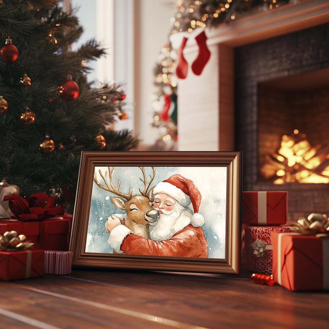 Santa Claus Hugging Reindeer Watercolor Festive Christmas Poster - Image 3