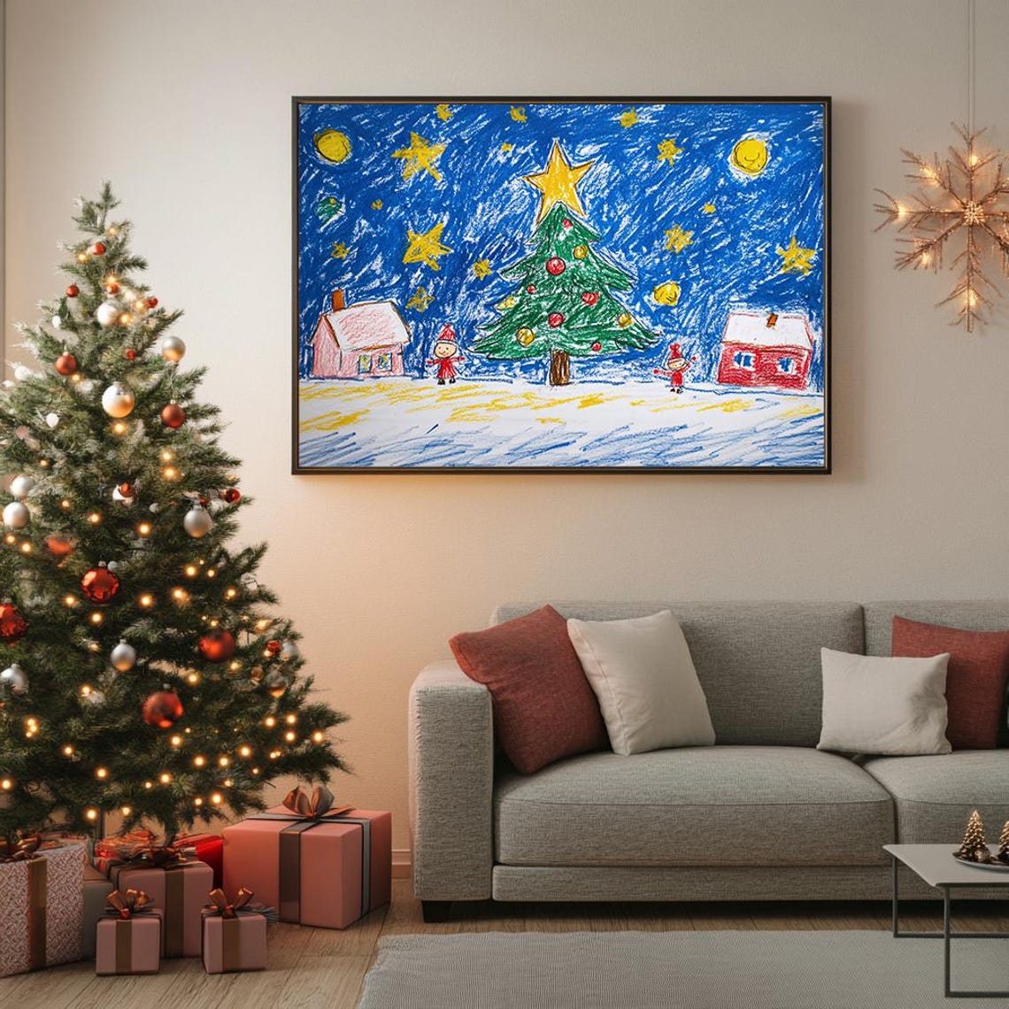 Childlike Crayon Drawing Christmas Tree Starry Night Kids Art Poster - Image 5