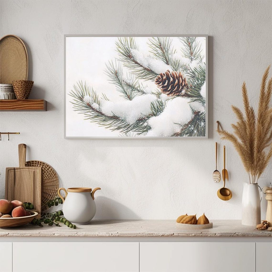 Snowy Pine Branch with Pinecone Winter Botanical Study Poster - Image 2