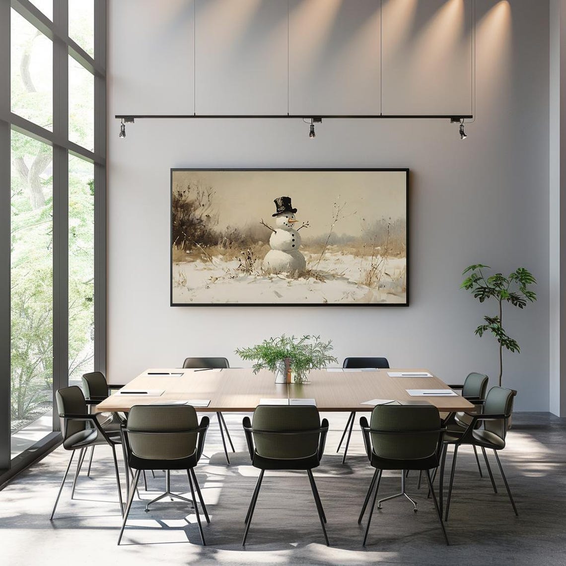 Snowman In Winter Landscape Vintage Oil Painting Cozy Holiday Poster - Image 3