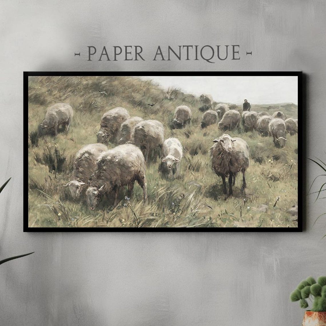 Shepherd Sheep Flock Grazing Vintage Farm Animal Painting Poster