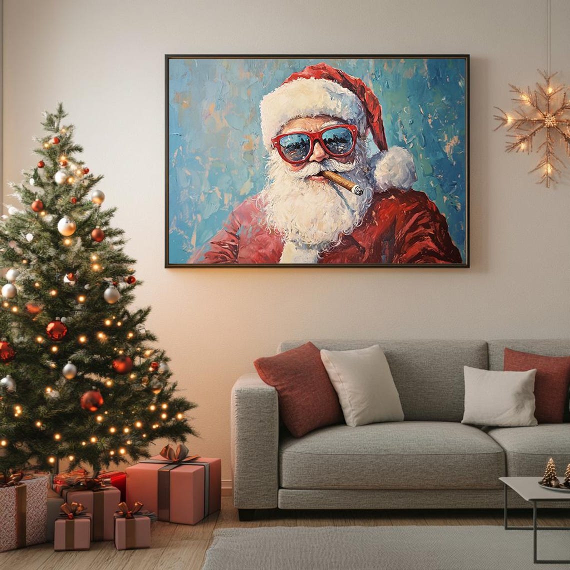 Cool Santa Red Sunglasses Cigar Teal Oil Painting Fun Poster - Image 5