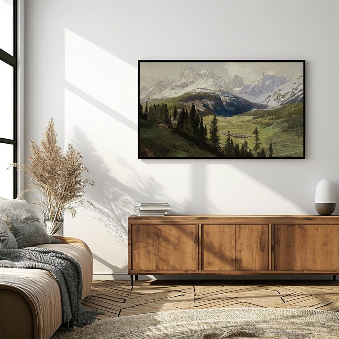 Snowy Alpine Peaks Pine Valley Vintage Mountain Painting Poster - Image 4