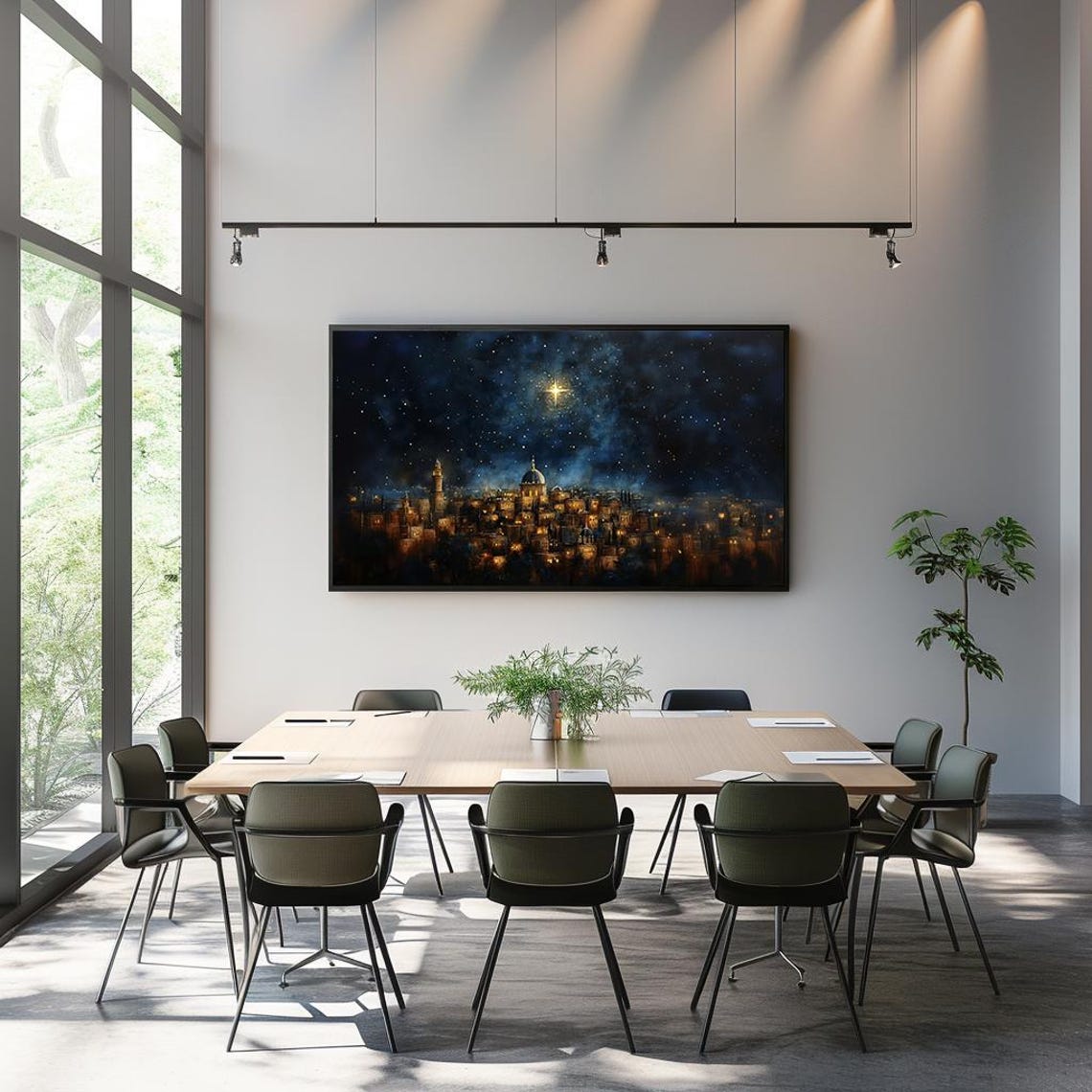 Starry Night Over Cityscape Oil Painting Serene Christmas Star Poster - Image 3
