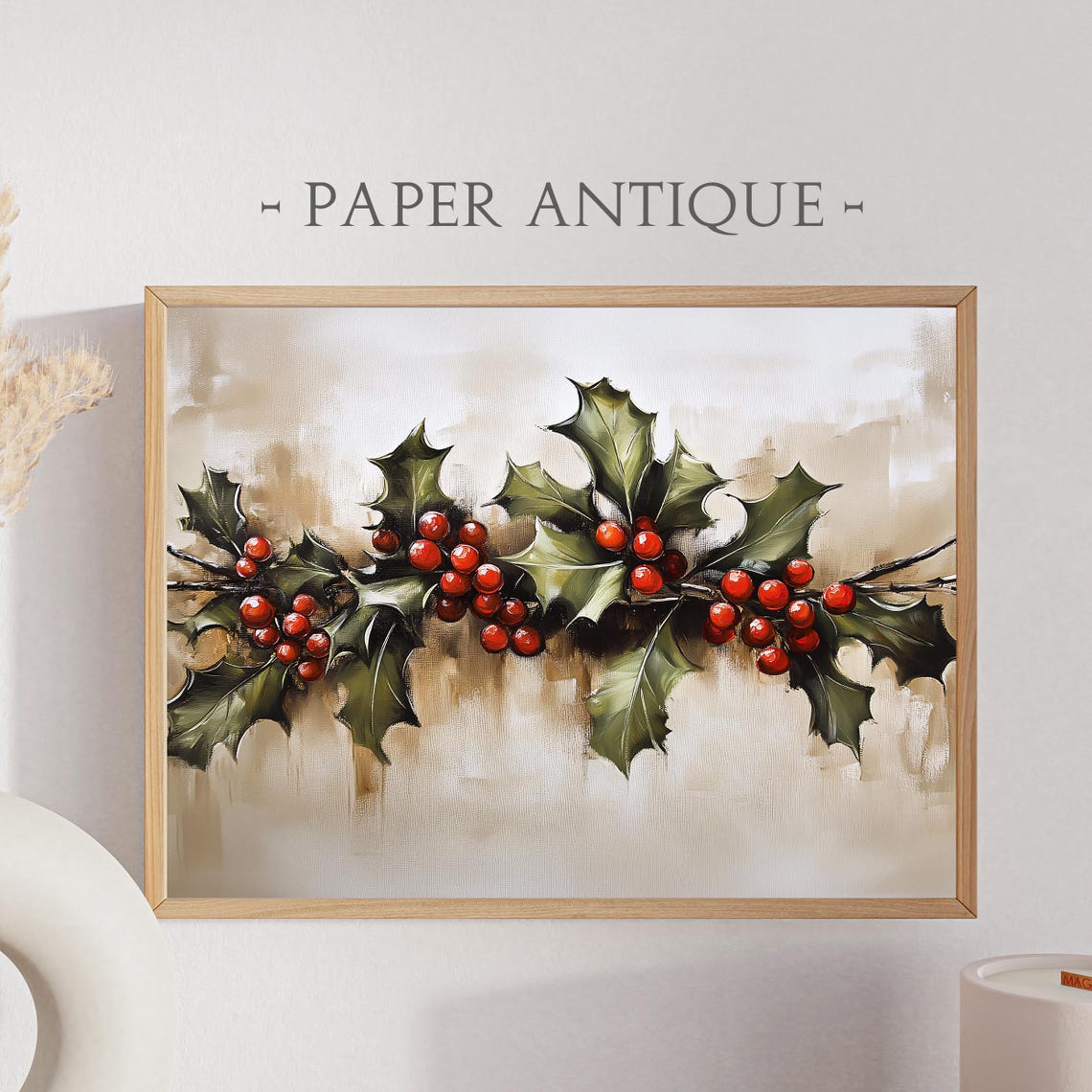 Holly Berry Branch Red Berries Soft Watercolor Christmas Poster