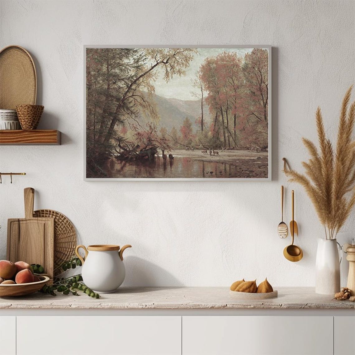 Autumn Deer River Forest Vintage Fall Landscape Oil Painting Poster - Image 4
