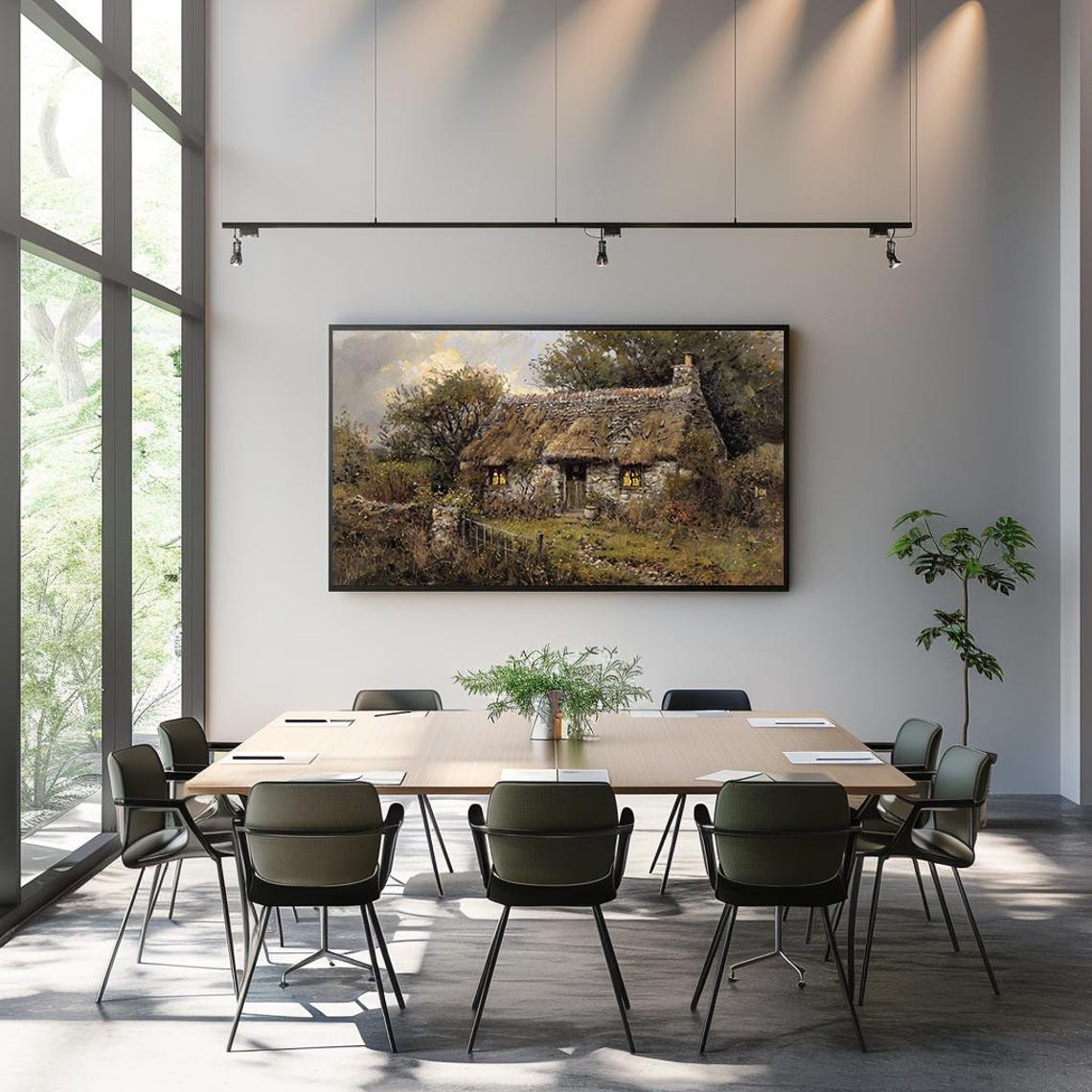 Thatched Stone Cottage Glowing Windows Countryside Oil Painting Poster - Image 3