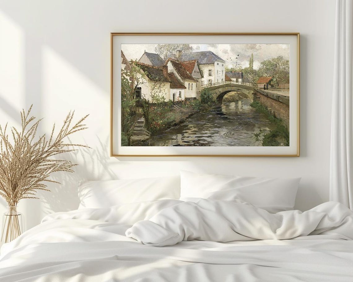 Charming Village Stone Bridge River Cottages Vintage Painting Poster - Image 2