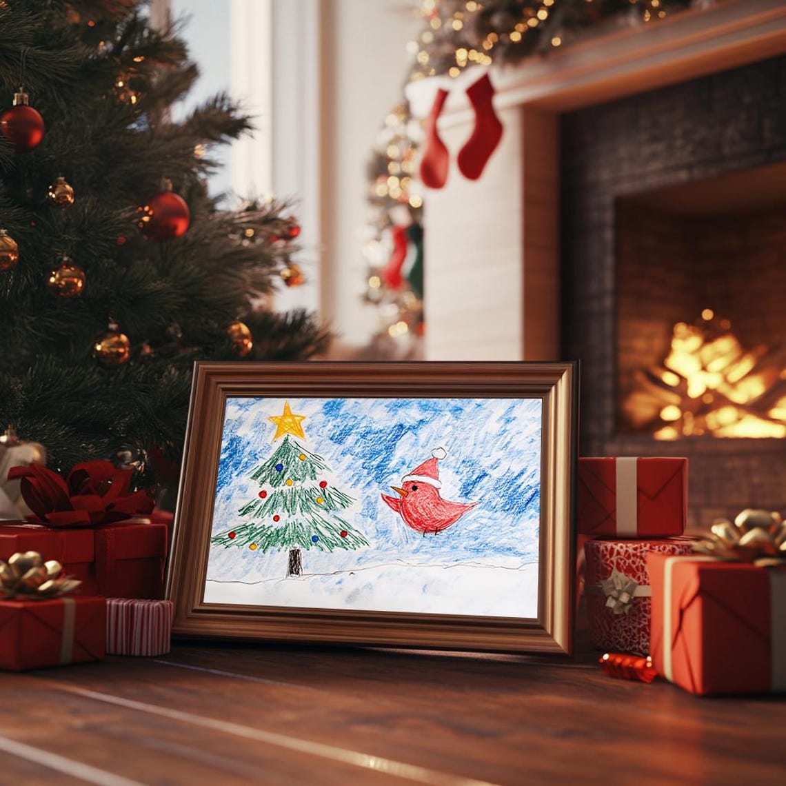 Crayon Santa Hat Bird Christmas Tree Cute Kids Drawing Poster - Image 3