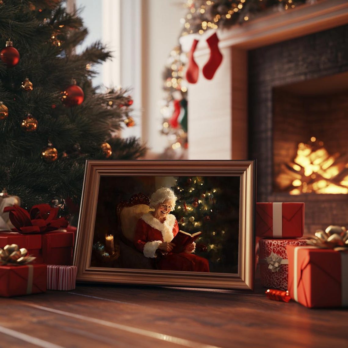 Mrs Claus Reading Book Cozy Christmas Painting Vintage Poster - Image 3