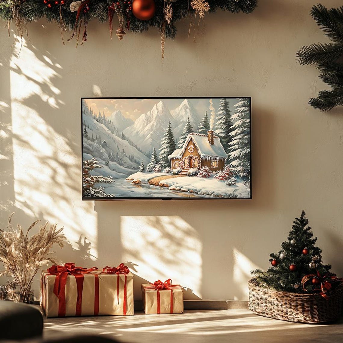 Snowy Mountain Cabin Cozy Winter Christmas Scenic Landscape Poster - Image 3