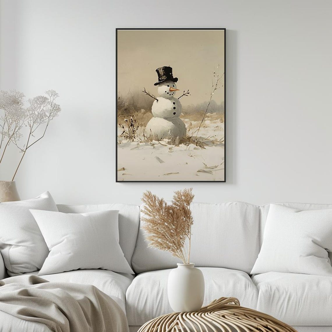 Minimalist Snowman With Top Hat Standing In Snowy Field Poster - Image 3
