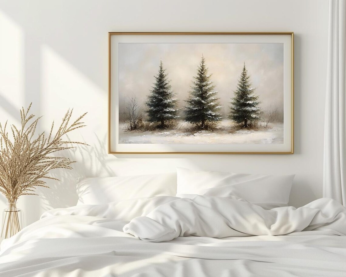Three Snowy Pine Trees in Misty Winter Field Minimalist Painting Poster - Image 2