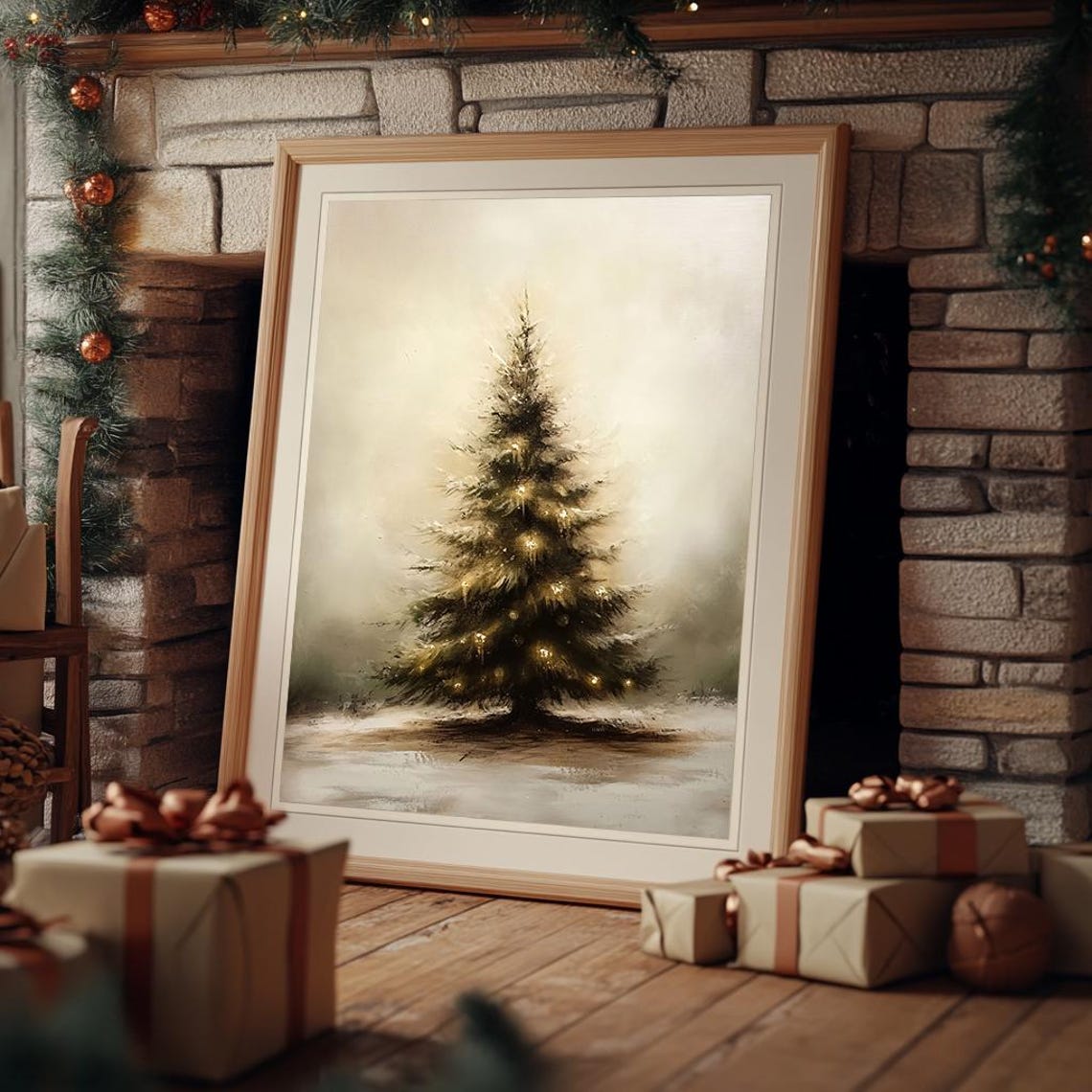 Minimalist Christmas Tree In Snow Neutral Winter Painting Poster - Image 3