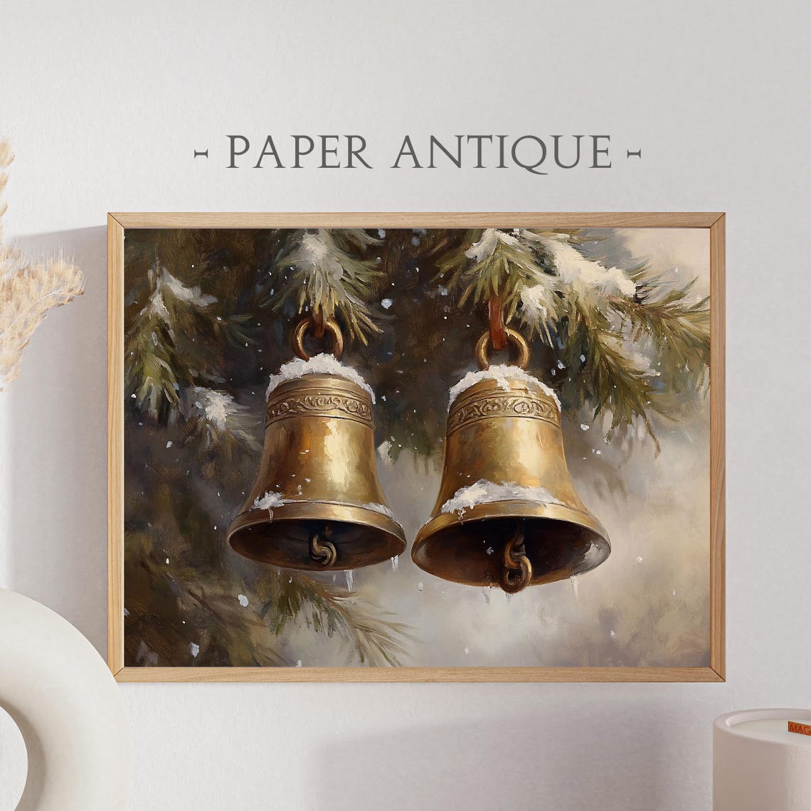 Two Snowy Brass Bells Hanging Pine Branches Winter Art Poster