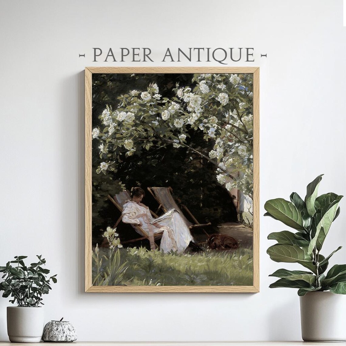 Woman Reading In Flower Garden Vintage Romantic Oil Painting Poster