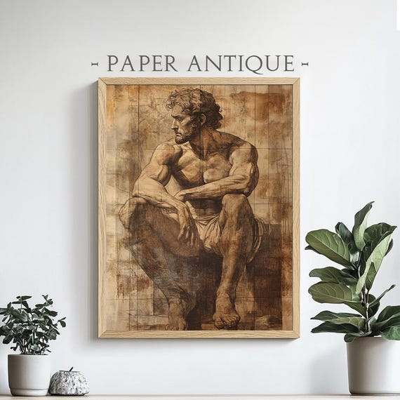 Classical Male Figure Sketch Drawing Renaissance Art Style Detailed Anatomy Study Rustic Sepia Wall Art Print Pt