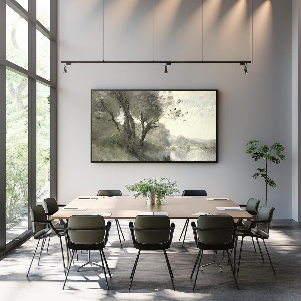 Tall Trees Along Misty Riverbank Romantic Vintage Oil Landscape Poster - Image 3