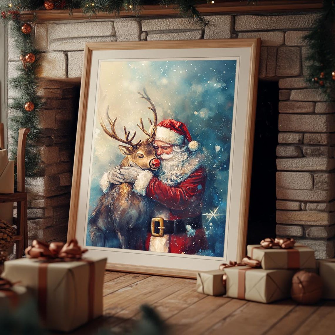 Santa Claus Hugging Reindeer Snowy Night Painterly Christmas Poster - Image 3