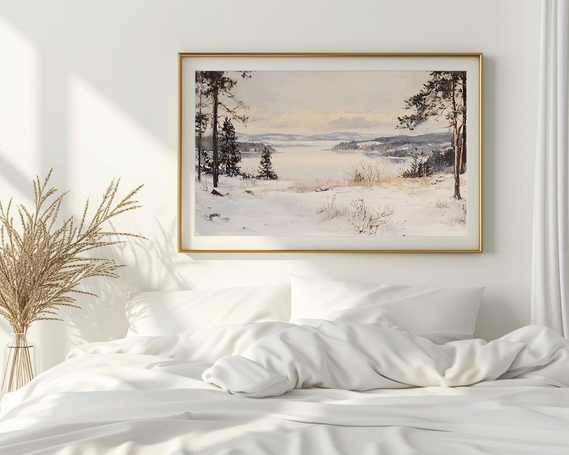 Winter Landscape Oil Painting Snowy Forest And Lake Wall Art - Image 2