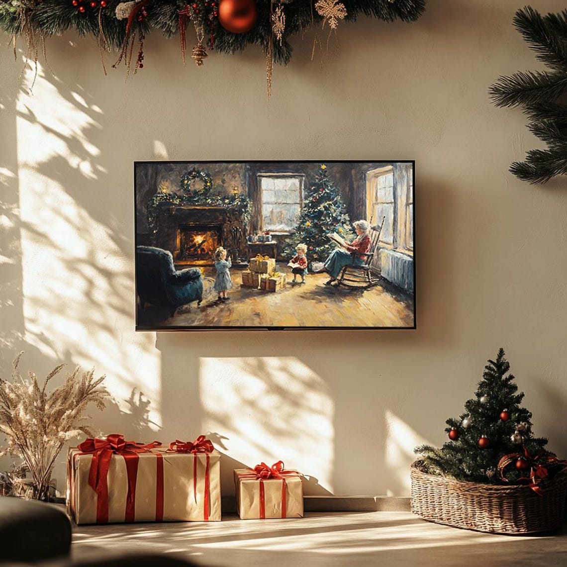 Family Around Fireplace With Christmas Tree Cozy Holiday Scene Poster - Image 3