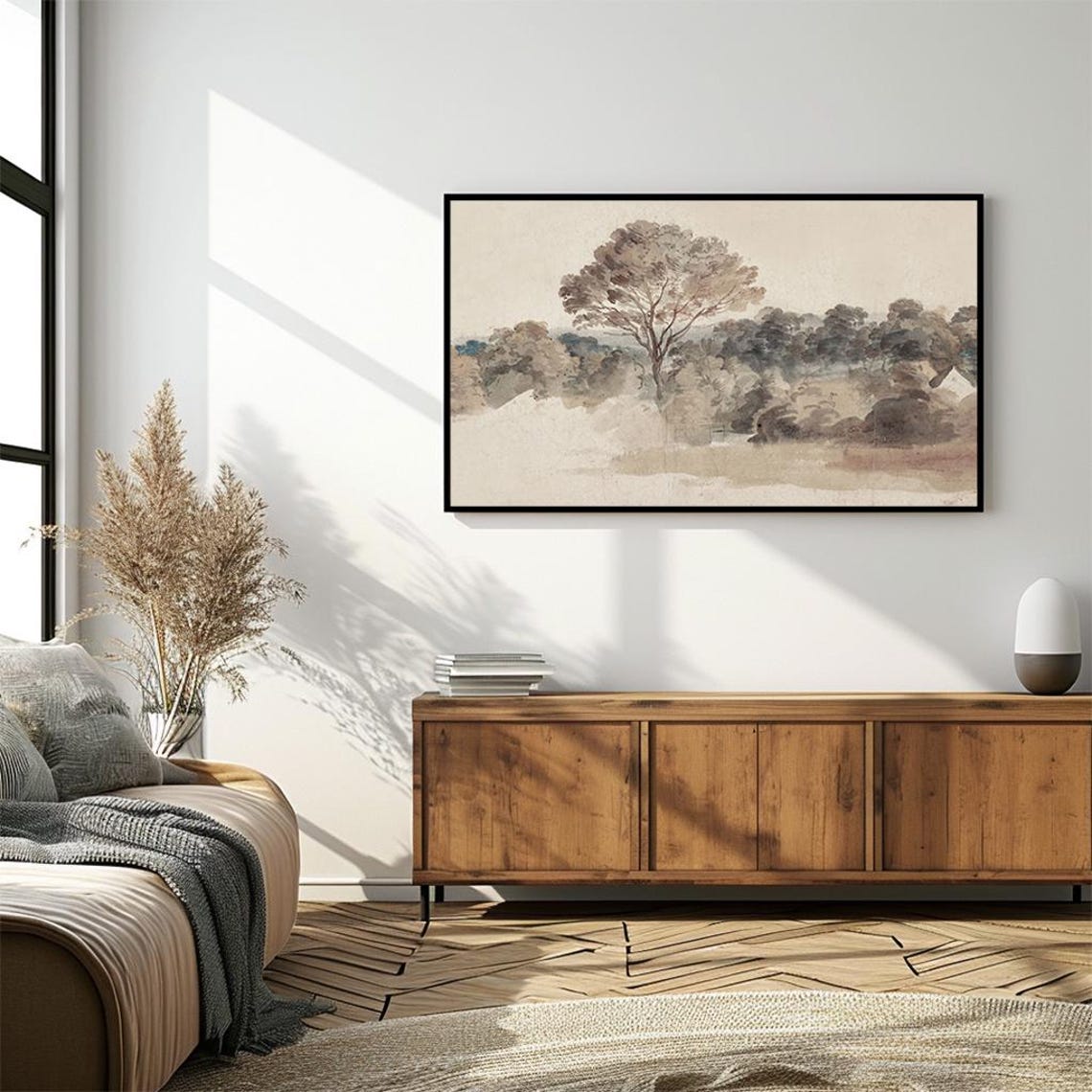 Pastel Watercolor Trees Landscape Soft Beige Nature Painting Poster - Image 4