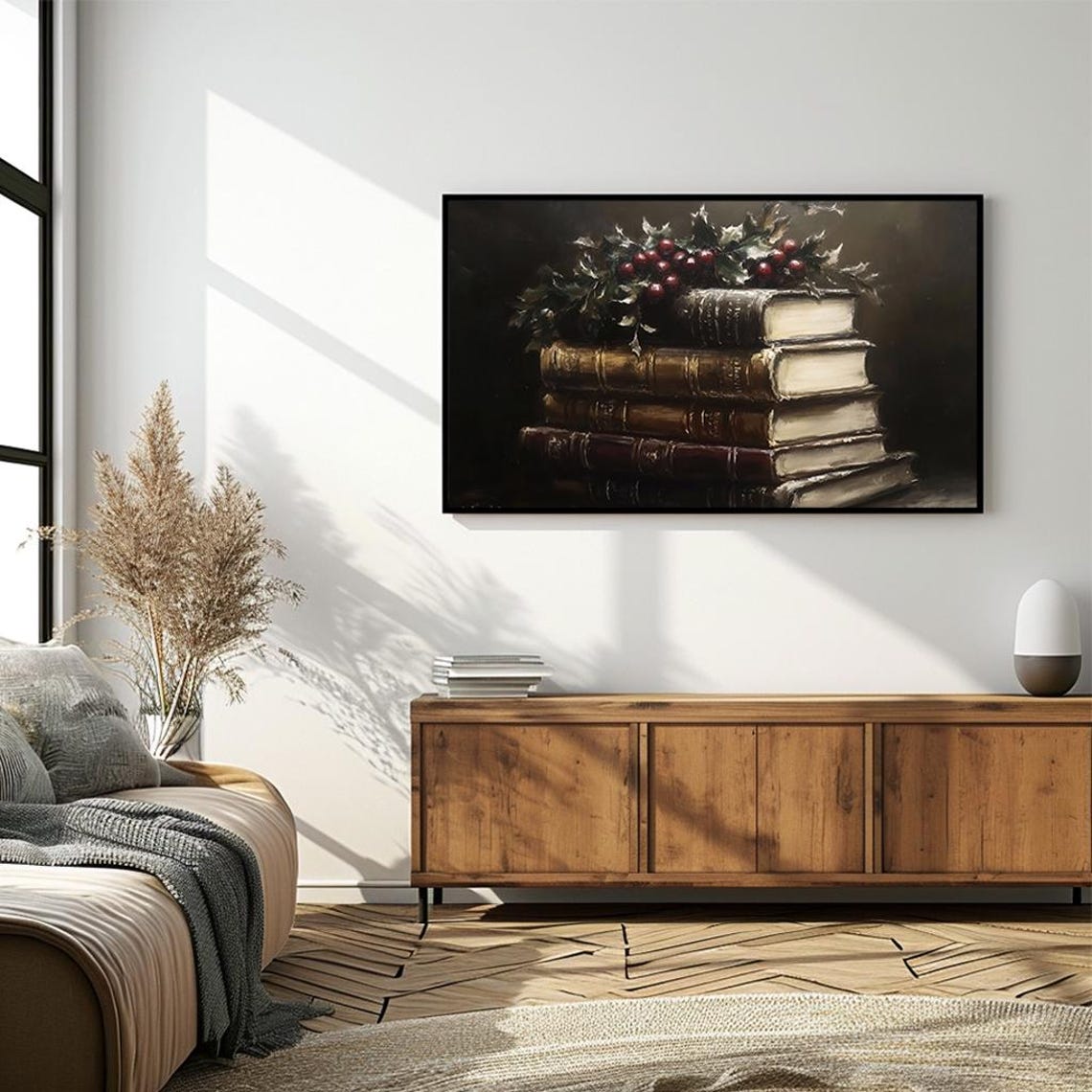 Vintage Book Stack With Holly Berries Dark Still Life Poster - Image 4