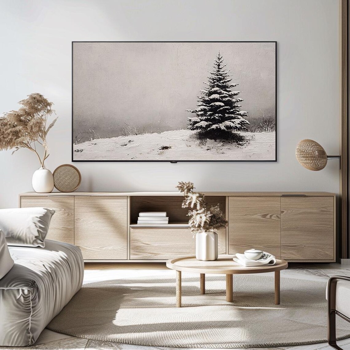 Snowy Pine Tree In Open Field Minimalist Oil Painting Winter Poster - Image 5