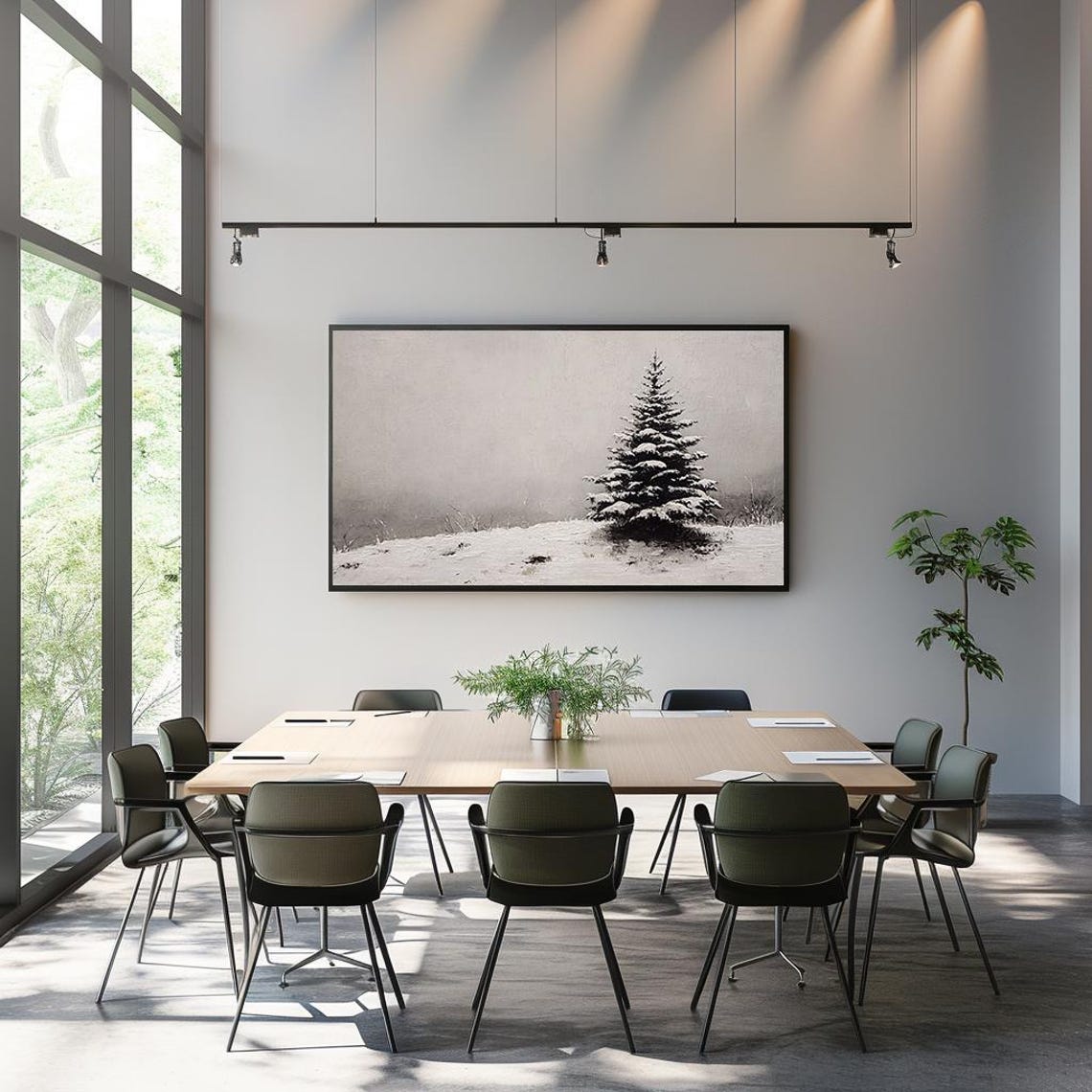 Snowy Pine Tree In Open Field Minimalist Oil Painting Winter Poster - Image 3