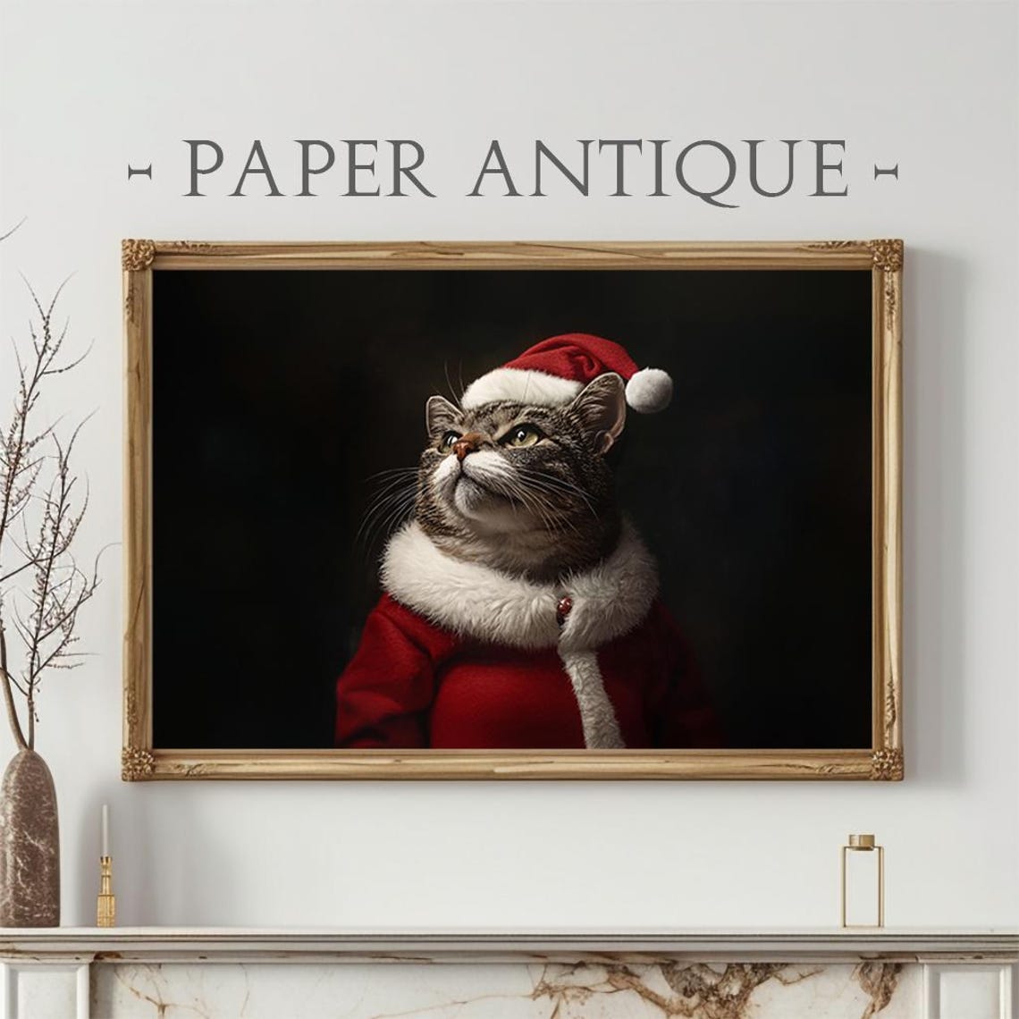 Santa Cat Portrait Festive Christmas Wall Art Whimsical Holiday Decor Cute Pet Artwork Instant Ls