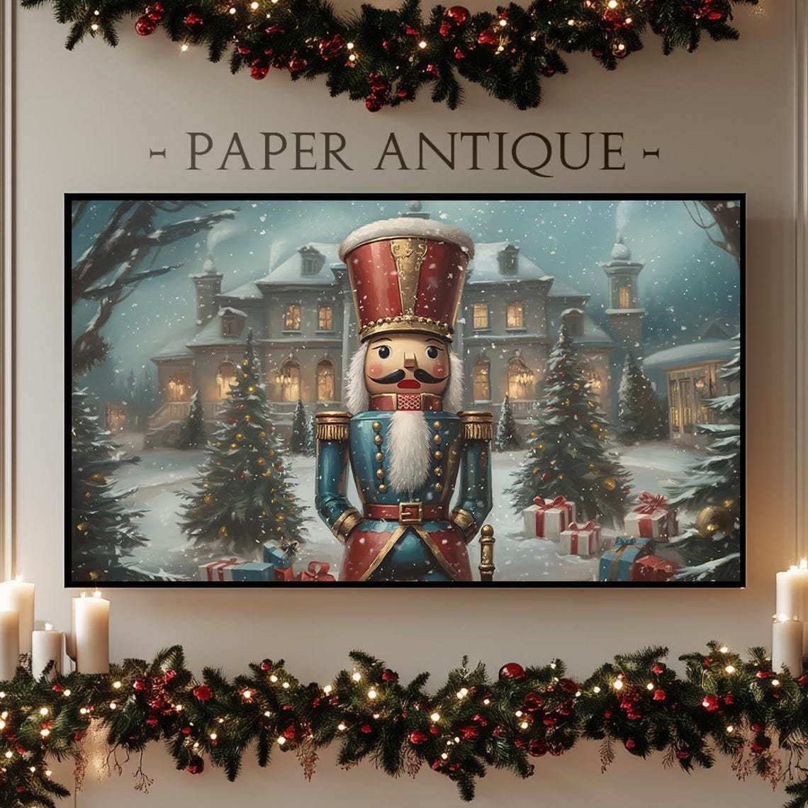 Nutcracker Soldier Snowy Village Scene Christmas Painting Poster