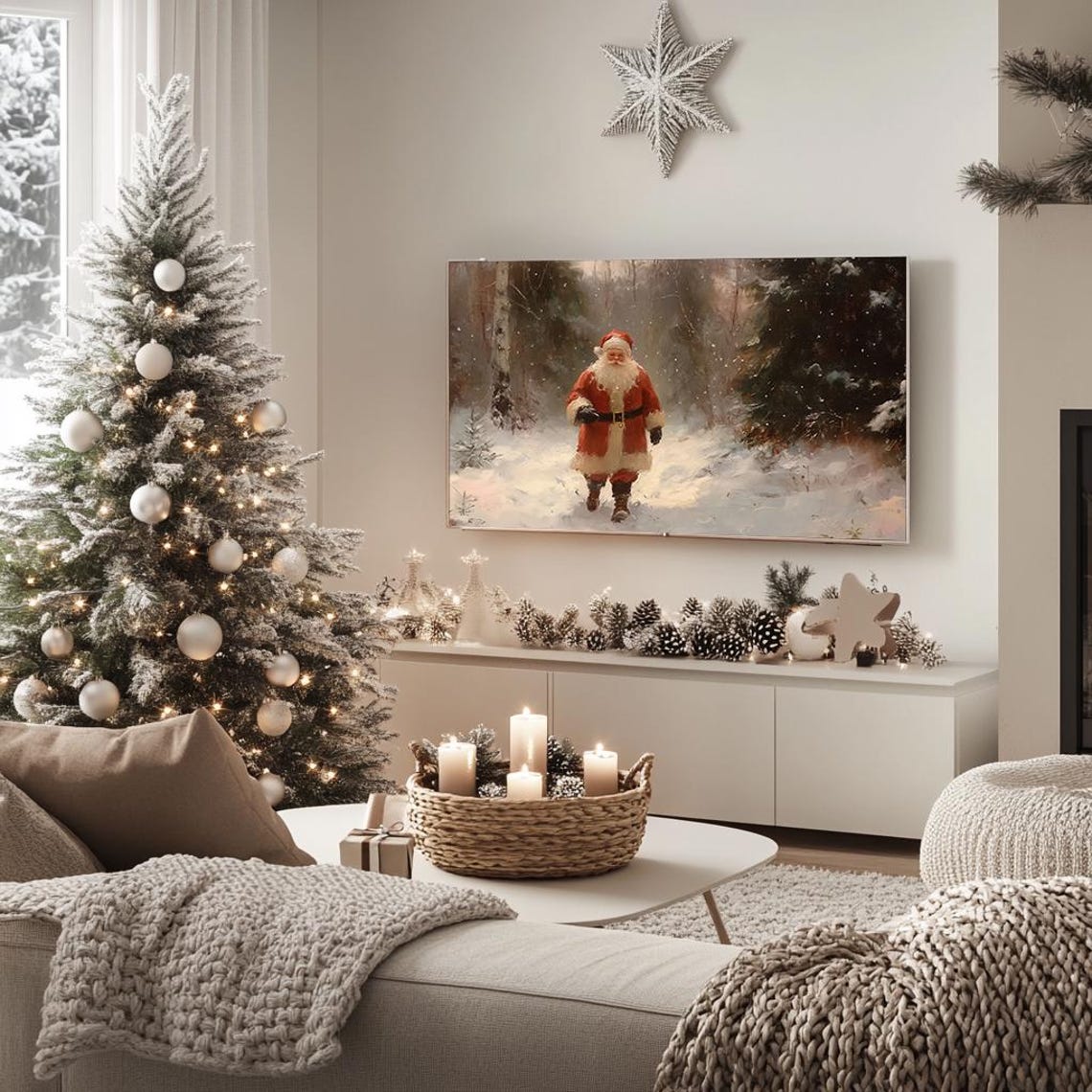 Santa Claus Walking Through Snowy Pine Forest Vintage Art Poster - Image 5
