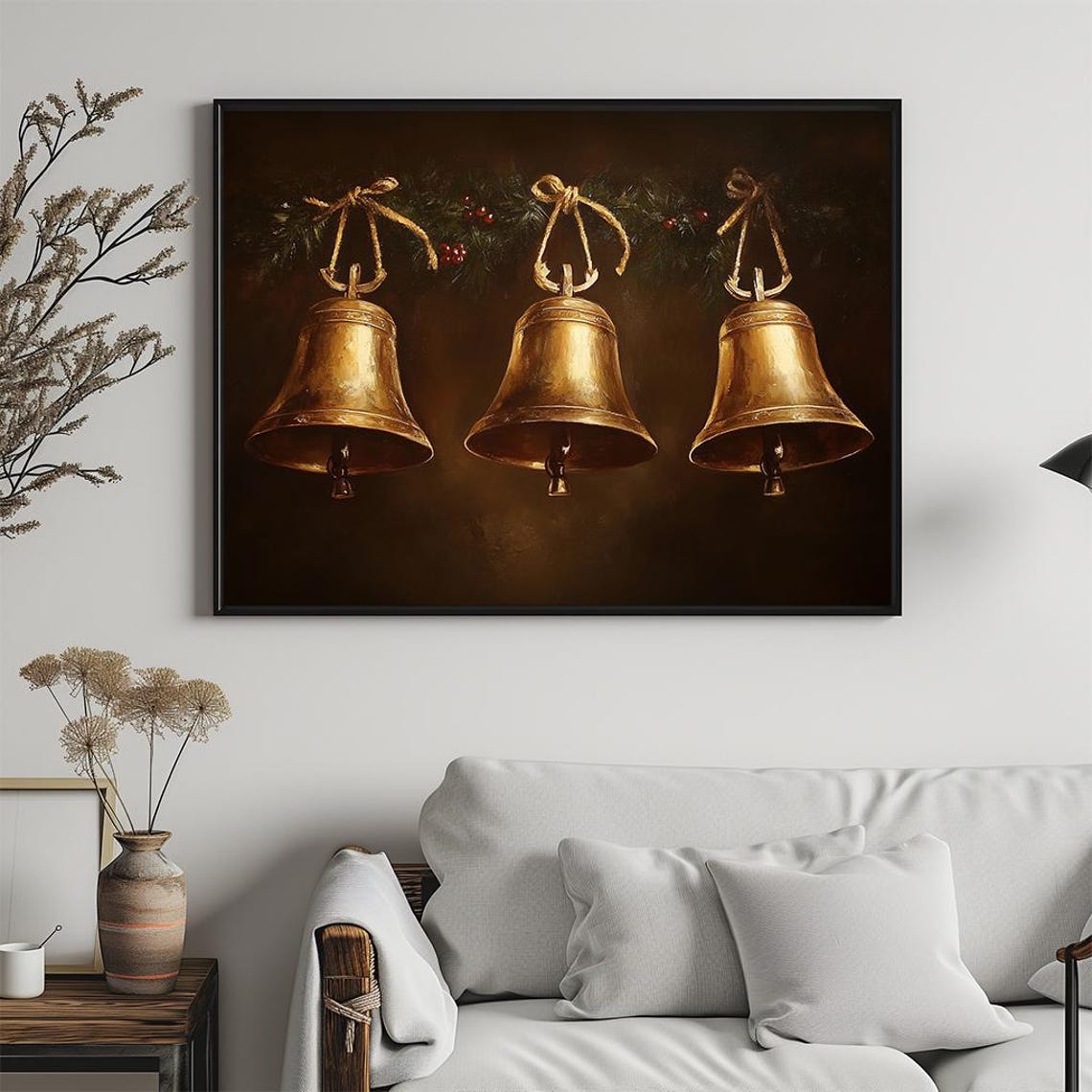 Three Golden Bells Hanging Greenery Dark Christmas Art Poster - Image 5