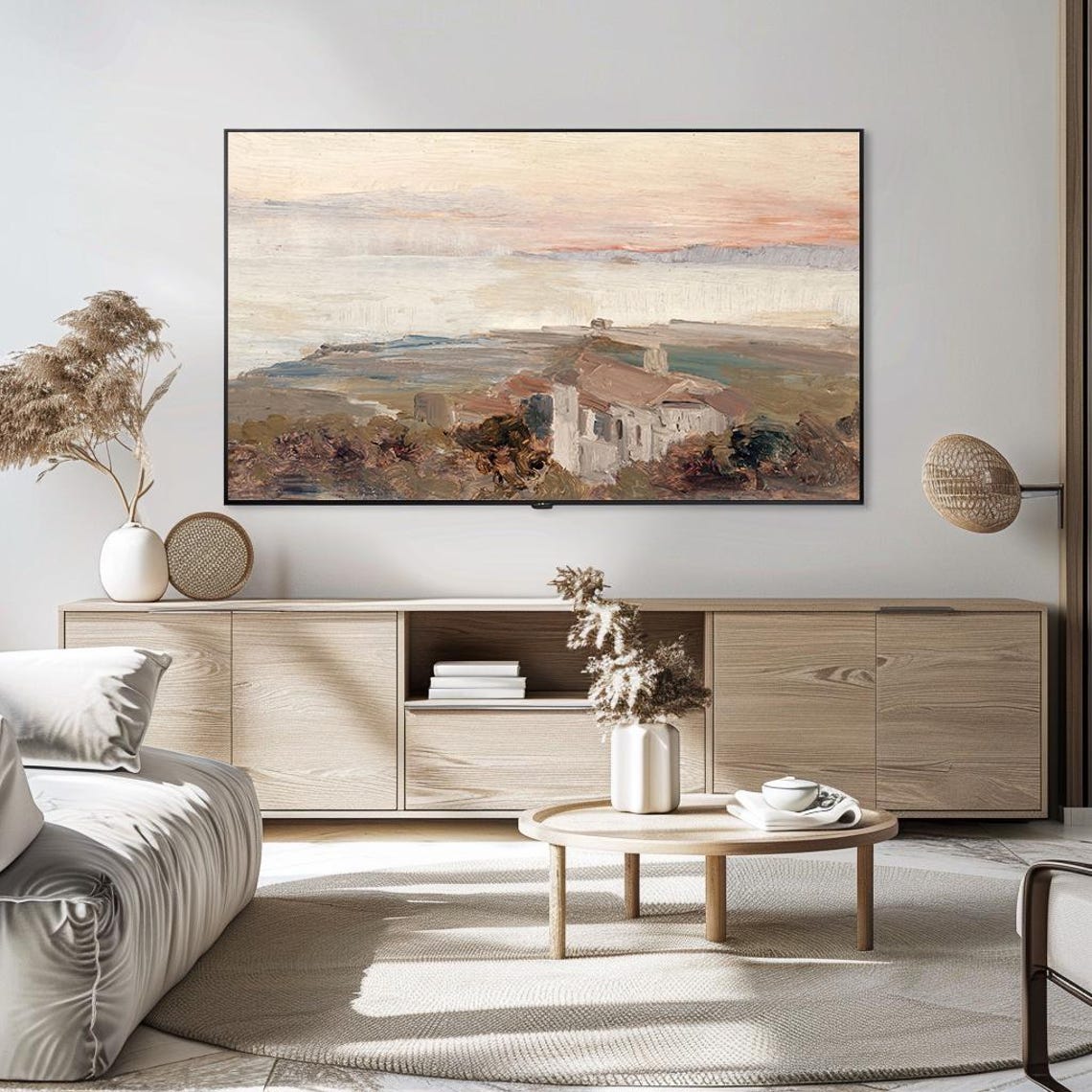 Blush Sunset Sky Village Hills Vintage Pastel Landscape Poster - Image 5