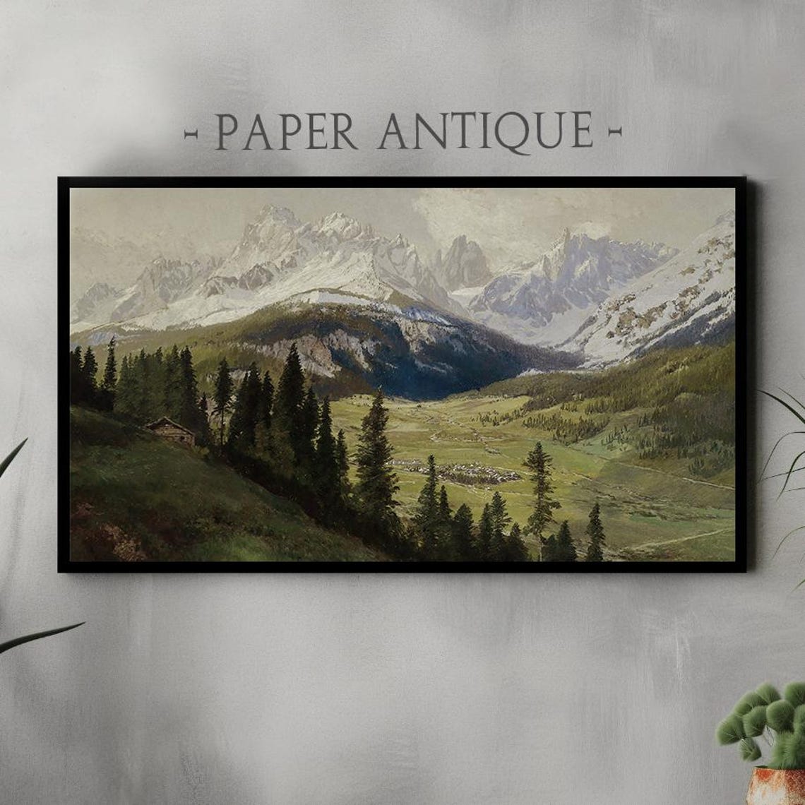 Snowy Alpine Peaks Pine Valley Vintage Mountain Painting Poster
