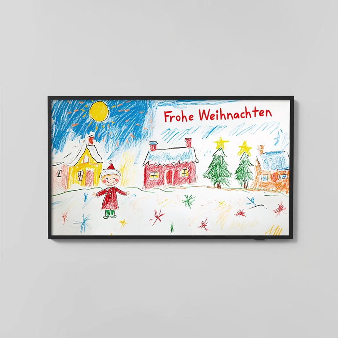 Frohe Weihnachten Kids Crayon Drawing Christmas Village Holiday Poster - Image 2