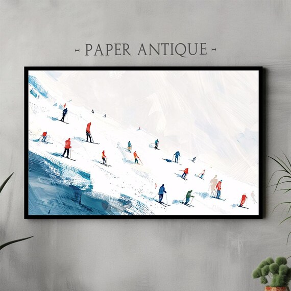Minimalist Alpine Ski Slope Colorful Skiers Winter Art Poster