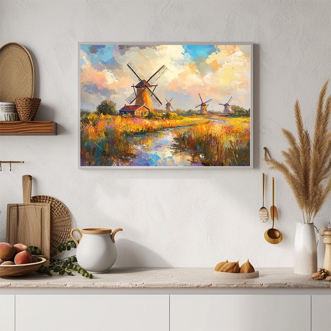 Colorful Dutch Windmills in Autumn Field Impressionist Oil Poster - Image 2