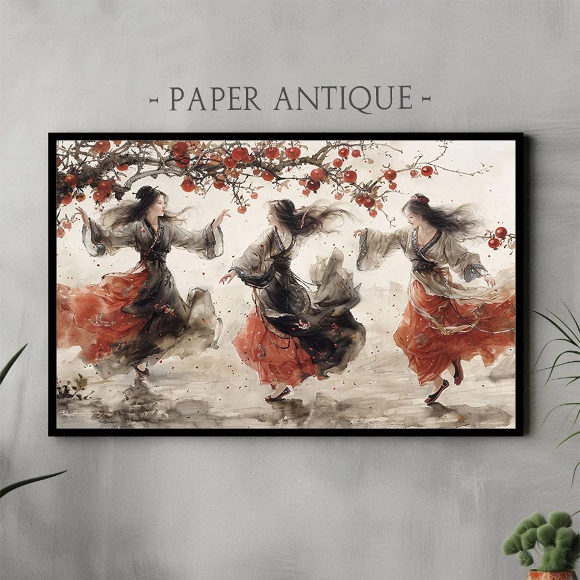 Dancing Women Ink Wash Painting under Red Fruit Branch Poster