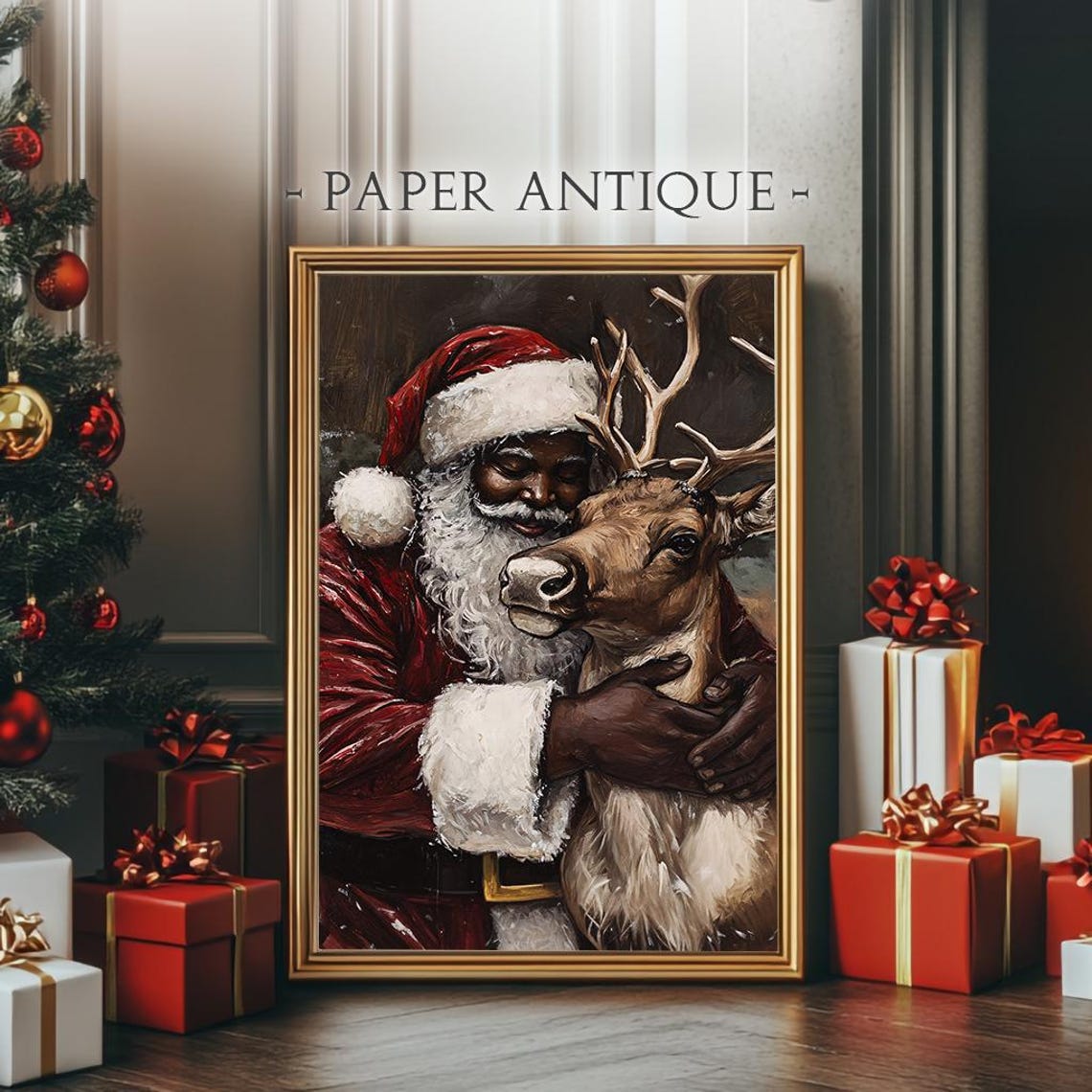 Black Santa Claus Hugging Reindeer Warm Painterly Christmas Poster