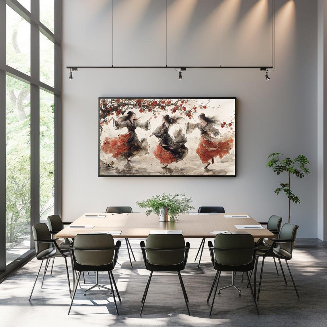 Dancing Women Ink Wash Painting under Red Fruit Branch Poster - Image 3