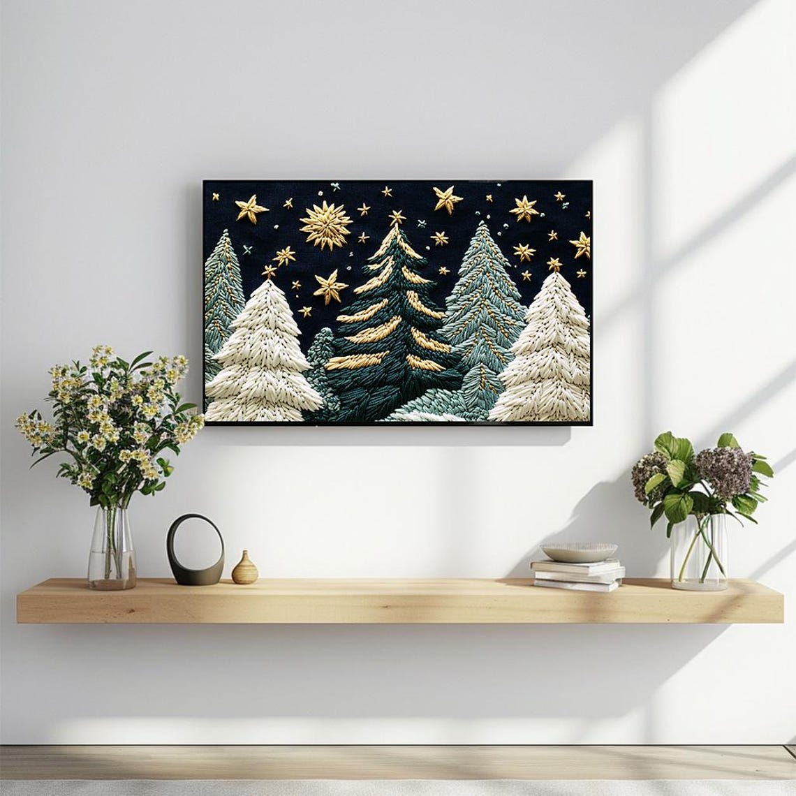 Embroidered Winter Night Forest With Golden Stars Textile Art Poster - Image 2