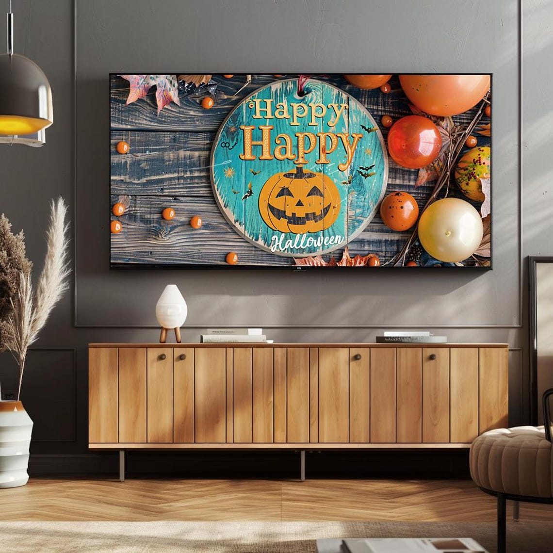 Happy Halloween Teal Round Sign Jack O Lantern Pumpkins Decor Poster - Image 3