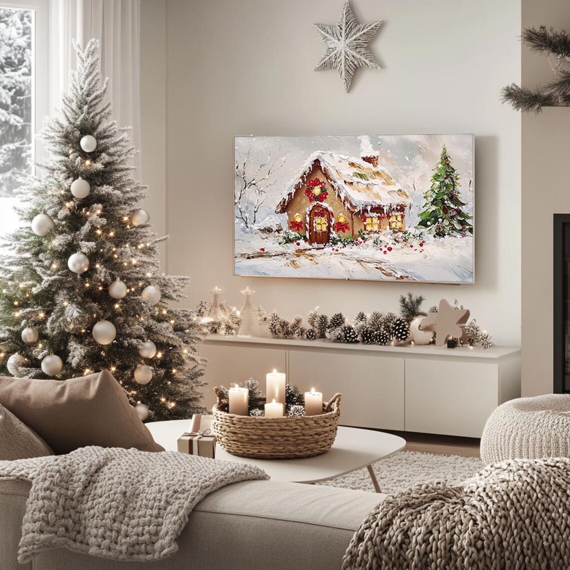 Snowy Cottage With Red Bows Christmas Tree Winter Art Poster - Image 5