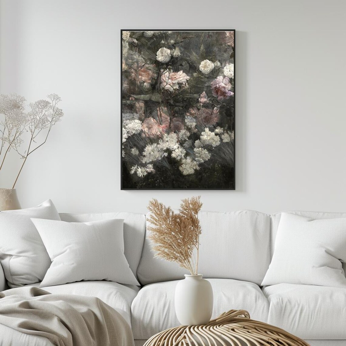 White And Pink Roses Dark Moody Vintage Floral Painting Poster - Image 5