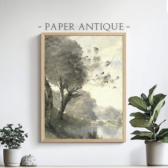 Misty Forest Landscape Moody Grayscale Oil Painting Tranquil Nature Wall Decor Wall Art Pt