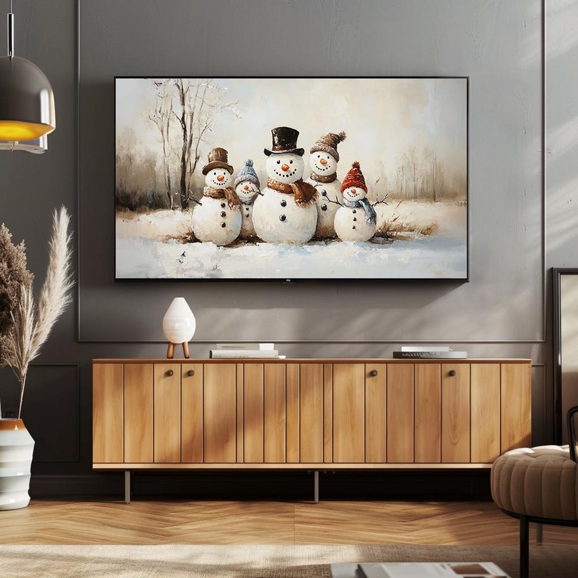 Frame Tv Art Family Of Snowmen In Winter Snowy Landscape Charming Holiday Painting Rustic Christmas Scene Art For Frame Tv Vintage - Image 4